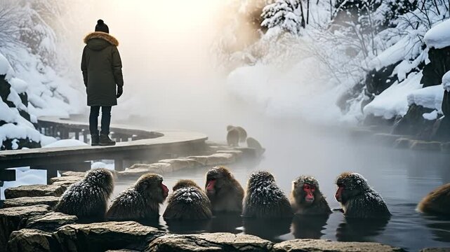 Woman Watching Japanese Macaques Relaxing in Natural Hot Spring Onsen in Winter