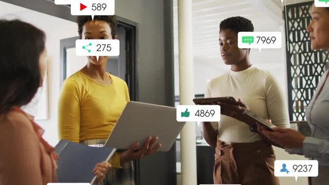 Team, yellow-top speaker talking and causing icons cascading over devices showing marketing growth