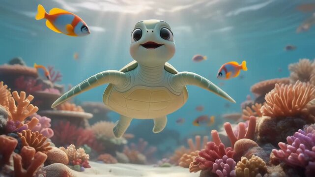 Cute happy baby sea turtle swimming underwater with colorful coral reef and tropical fish in ocean
