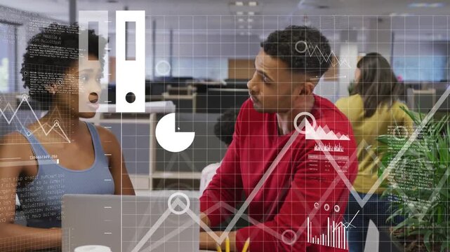 Woman speaking at laptop, animated charts appearing, man pointing at desk, both analyzing analytics