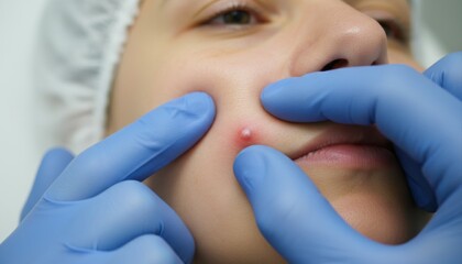 Naklejka premium Gloved hands meticulously treating a red pimple on a person's face during a professional skincare or blemish removal.