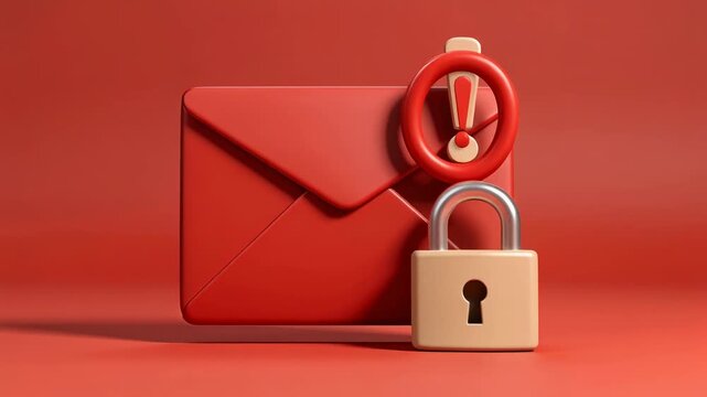 Secure email concept with red envelope, padlock, and alert symbol for online privacy protection