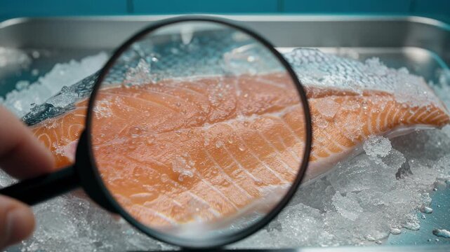 Fresh salmon fillet on ice with magnifying glass showing detailed texture for cooking and seafood lovers