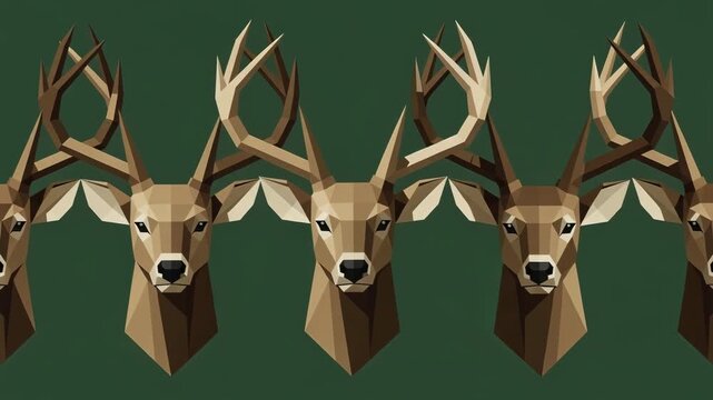 Geometric polygonal deer heads with antlers in a seamless pattern on green background