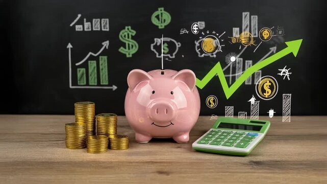 Piggy bank with stacks of gold coins and calculator on wooden table with financial growth charts