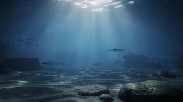 Underwater ocean scene with fish swimming and sunlight rays illuminating the sandy seabed