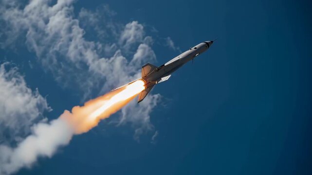 Supersonic missile and rocket launch into blue cloudy sky with blazing fiery exhaust and dramatic