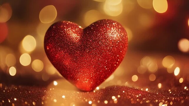 Glittering red heart with warm golden bokeh lights romantic love and celebration background