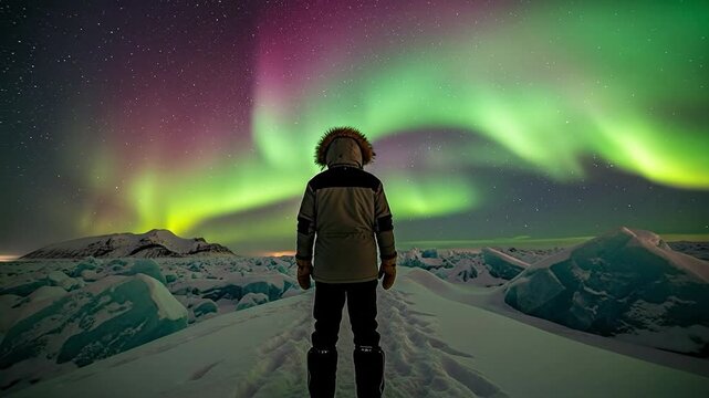 Back view of a solo adventurer in heavy winter gear witnessing northern lights in the arctic