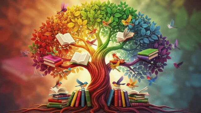 Colorful tree with books and birds symbolizing knowledge growth and learning inspiration in a vibrant fantasy setting