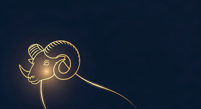 Abstract golden ram silhouette, a dynamic and glowing artistic outline on a deep blue canvas