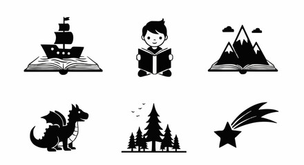 Obraz premium ship, dragon, forest, star, mountain book