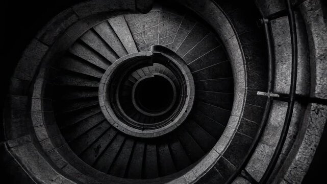 Dark stone spiral staircase with dramatic lighting and architectural design in black and white