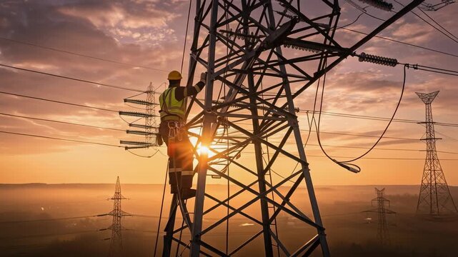 Electrical worker climbing power transmission tower at sunrise with safety gear and high voltage lines