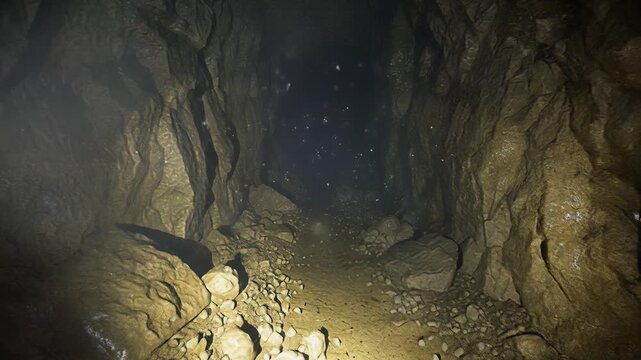 Dark deep cave tunnel illuminated by flashlight with rocky walls and dirt floor adventure exploration