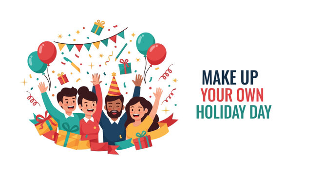 Vector illustration of a fun holiday celebration with a group of ecstatic people, colorful balloons, streamers, and a custom ribbon design, conveying excitement and innovation.