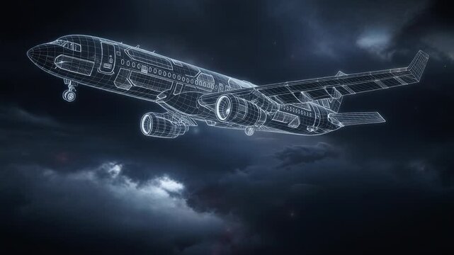 Futuristic digital wireframe airplane flying in dark cloudy sky with glowing effects and aviation technology concept