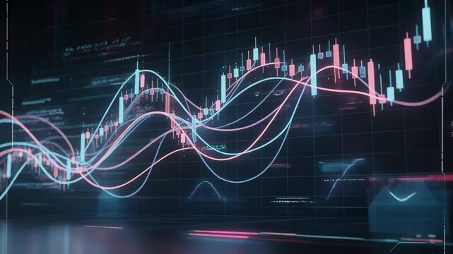 Abstract financial chart with colorful candlestick and line graphs showing market trends and data analysis