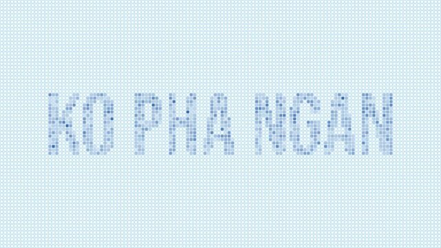 Ko Pha Ngan dotted map animation. Digital style shape of the island. Ko Pha Ngan shape and title blue dots appear with flickering effect. Thailand. Creative Intro, outro, title, logo video.