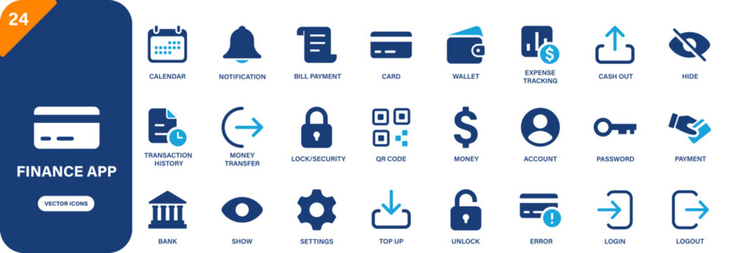 Finance app icon collection featuring top up, cash out, wallet, payment, money transfer and transaction history symbols. Solid vector icons.