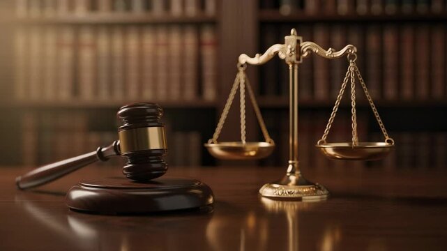 Wooden judge gavel and golden scales of justice on desk with legal books background