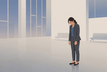 Fototapeta premium 広いオフィスロビーにひとりうつむく疲れたビジネスウーマンのフラットイラスト・孤独と燃え尽き