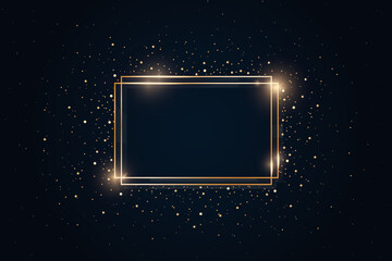 Obraz premium Gold shiny glowing vintage frame with shadows on dark golden glitter ambient blue background. Golden luxury realistic border with stars. Invitation, sale, party, card design. Vector illustration