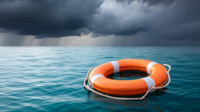 Orange lifebuoy floating, dark stormy ocean water, dramatic lightning strikes, rescue and safety.