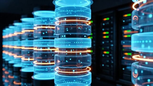 Futuristic quantum computing server farm with glowing blue cylinders and orange light rings
