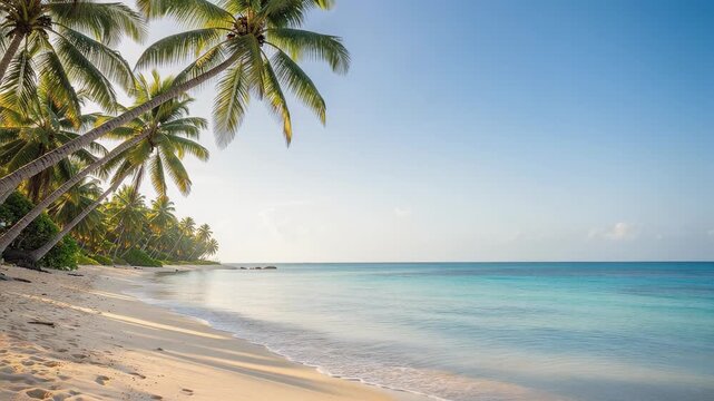 Tropical beach with palm trees clear blue ocean and sunny sky perfect vacation destination