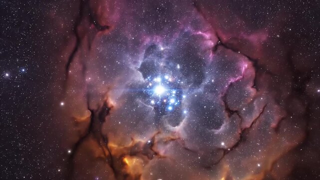 A vibrant nebula with stellar clusters. Colors include blue, pink, and orange. Many stars speckled throughout