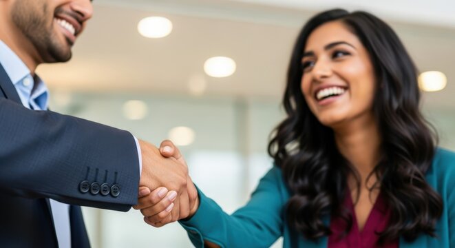  Close-up of a professional handshake with a smiling Indian female best candidate after a successful HR job interview.