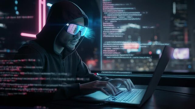 Cybersecurity hacker working on laptop with futuristic coding and neon city lights at night