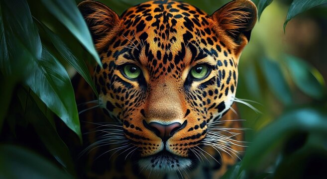 Close-up portrait of a leopard peering through dense green leaves with intense green eyes, focused and alert