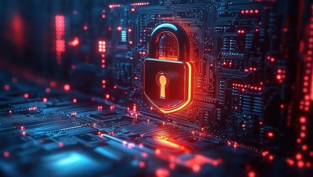 glowing red and blue padlock on an illuminated electronic circuit board with chips and data lines, futuristic secure cyber protection conveying a tense guarded atmosphere