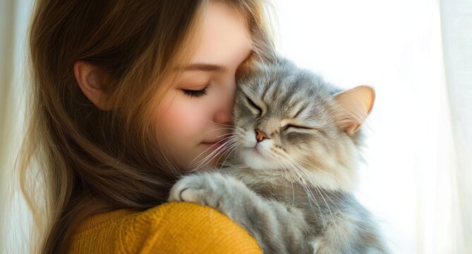cozy scene of a person in a mustard sweater holding a fluffy gray cat on their shoulder, cat eyes closed in contentment and affection in soft window light
