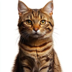 Fototapeta premium striped brown tabby cat torso with upright ears and visible whiskers against white background, calm and regal presence