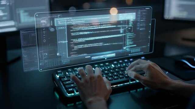Futuristic transparent computer screen with coding and hands typing on keyboard in dark room