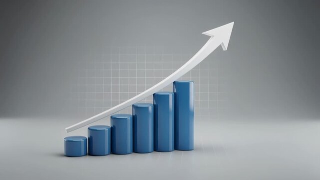 Blue 3D bar chart with upward arrow showing business growth and success on gray background