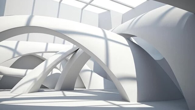 Futuristic white parametric architectural structure with intersecting curves for virtual gallery and metaverse