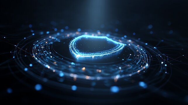 ero trust security concept, glowing digital shield at the center of a futuristic network, multiple authentication rings surrounding the shield