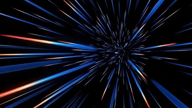 Quantum computing data transfer concept with blue light trails in hyperspace motion