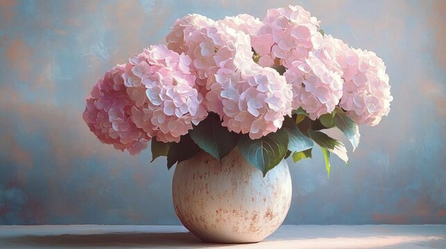 Soft pink hydrangea bouquet in a round rustic ceramic vase on a table, serene and delicate pastel still life
