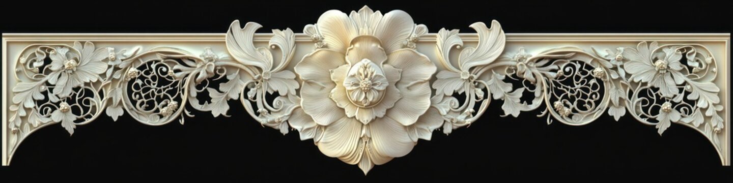 ornate carved floral frieze with central large blossom, scrolling leaves, filigree vines and corner brackets on dark background, elegant and luxurious decorative relief