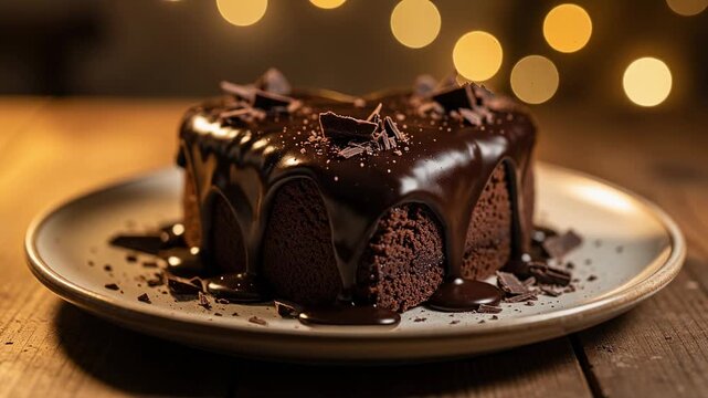 Delicious rich chocolate cake with glossy ganache and chocolate shavings on a rustic plate