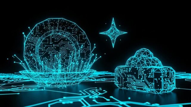 Glowing Digital Circuits Render In Dark Space Depicting Cloud Disc Digital Transformation Technological Advancements For Futuristic Design