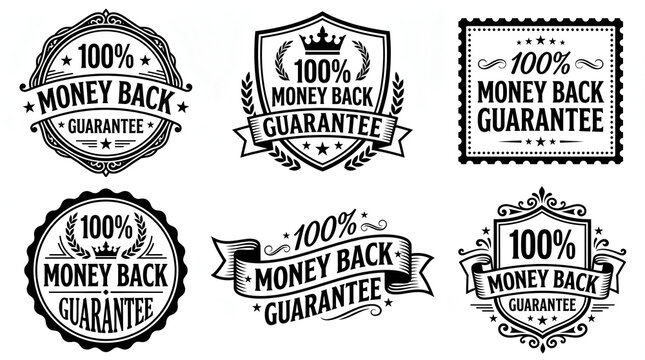 Collection of premium quality assurance emblems offering complete customer satisfaction and full refund policy for consumer confidence