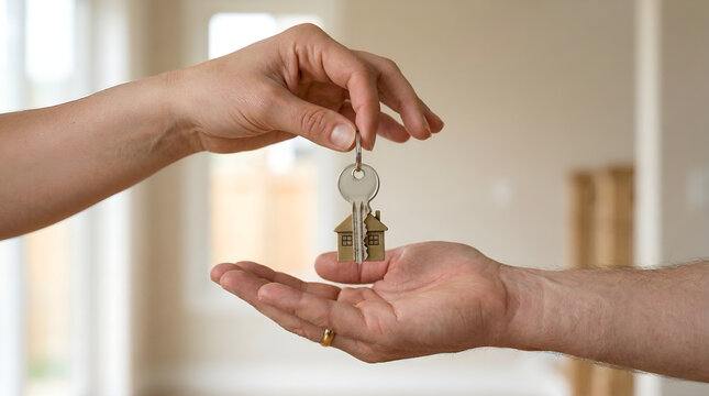 Hands exchanging house keys, symbolizing successful real estate transaction, new home ownership, and property acquisition