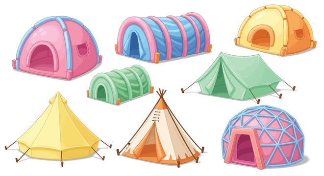 Colorful collection of various cartoon tents and shelters displayed together
