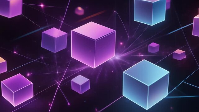 Abstract glowing purple and blue cubes connected by lines on dark background technology network concept